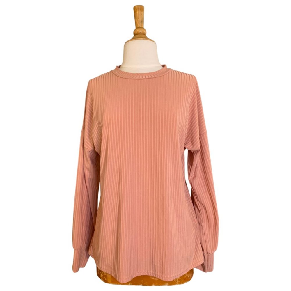 Boohoo Pink Mauve Ribbed Long Sleeve Blouse